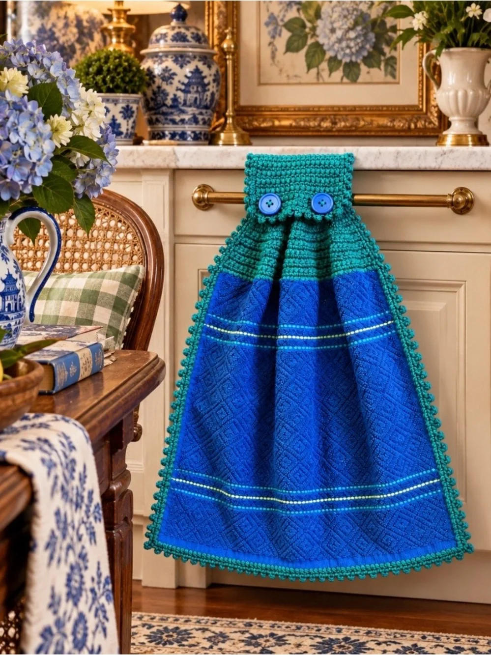 Handmade Crochet Hanging Kitchen Towel Royal Blue Teal Mainstays